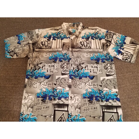 Vintage Up Rock All Over Print Graffiti Button Down Mens Shirt Size 2XL - Picture 4 of 7